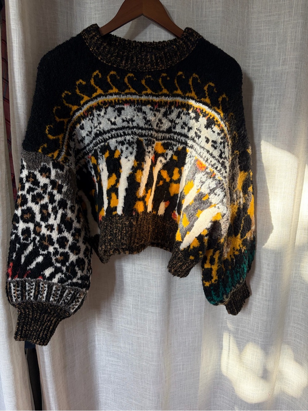 Anthropologie Black Multicolor Cropped Crewneck Sweater